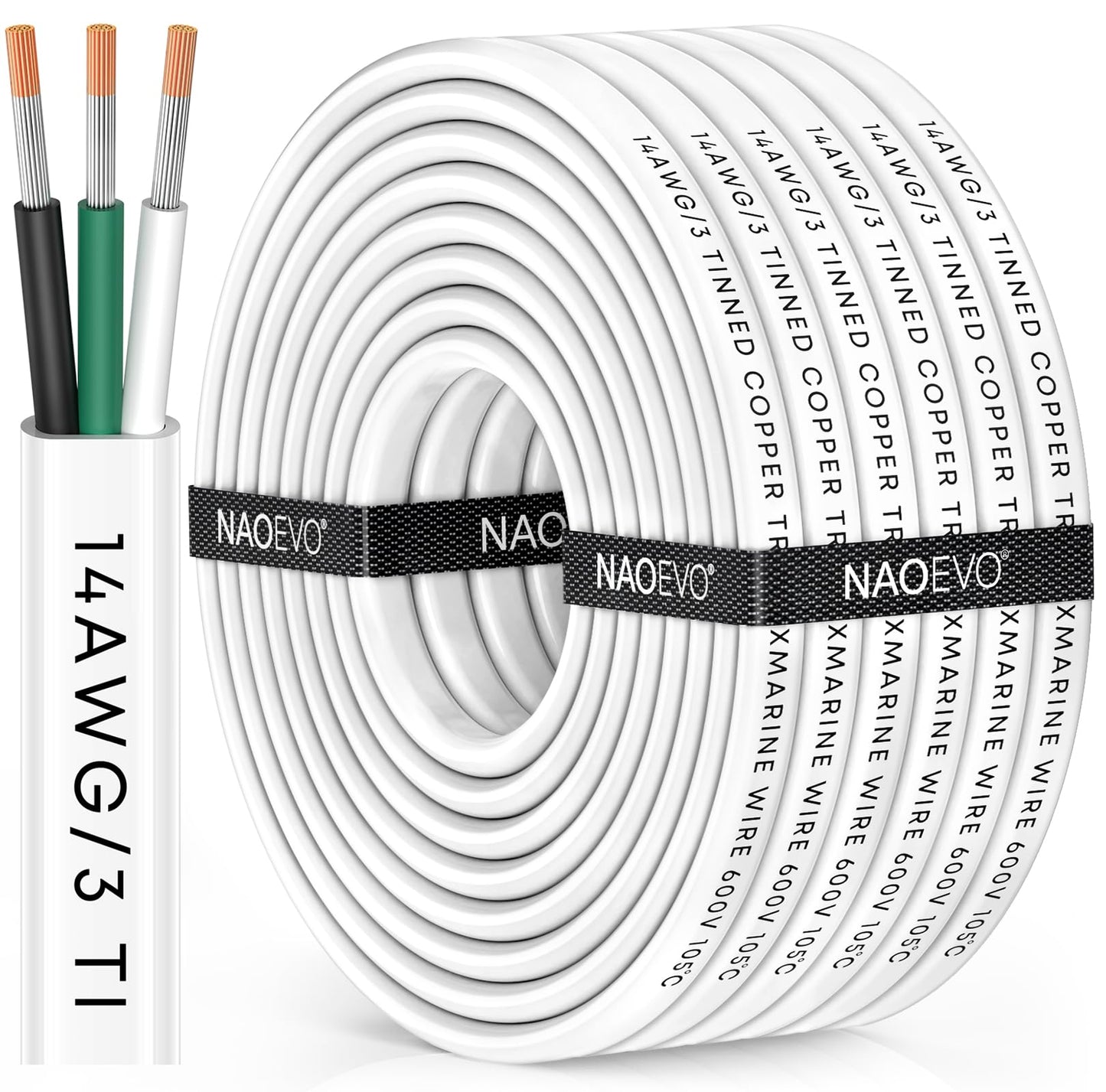 NAOEVO 14 Gauge Marine Wire, 14/3 Triplex Marine Electrical Cable, Waterproof/Insulated PVC/Oxygen-Free Tinned Copper 14 AWG Wire for Boat, Automotive, RV, Solar, LED, Trolling Motor (30FT)