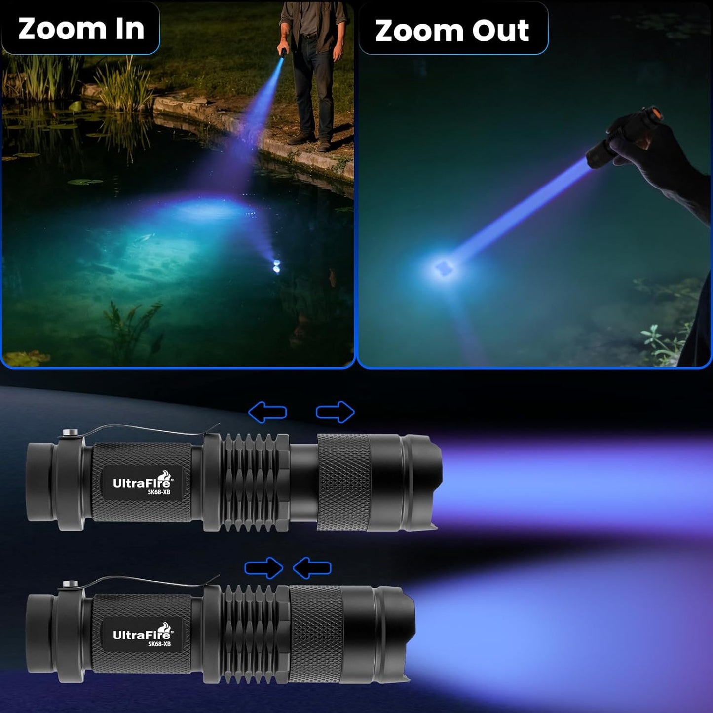 Rechargeable Blue LED Flashlight - Bright 450-460nm Single Mode Zoomable | 2 Pack for Hunting & Fishing