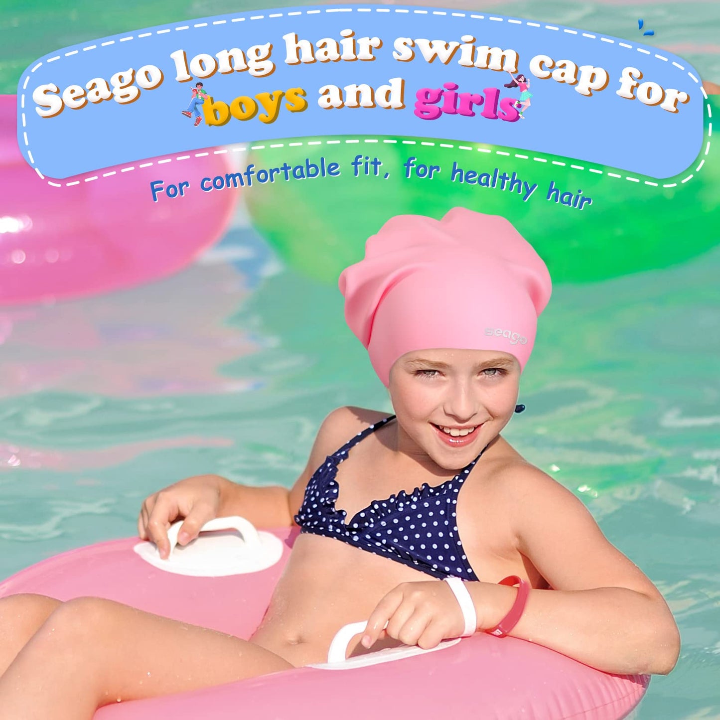 Seago Swim Cap for Kids 6-14 Large Swim Cap for Braids and Dreadlocks Long Hair Swimming Caps for Girls Boys Youth with Nose Clip Waterproof Pool Silicone Bathing Swimming Cap That Keep Hair Dry