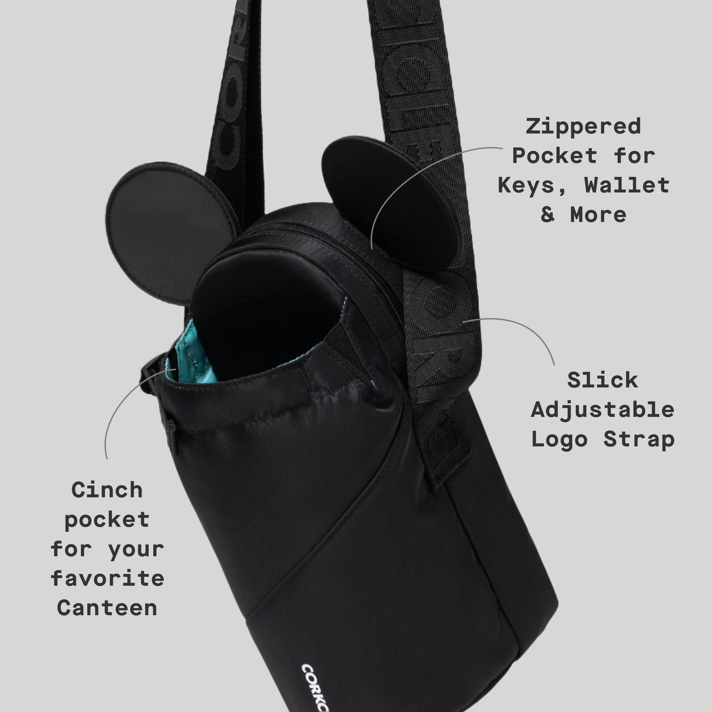Corkcicle Crossbody Water Bottle Sling Bag - Adjustable Strap - Padded Interior Pocket - Fits 16 oz to 40 oz Tumblers - Summer Drinkware Gift - Black Minnie Mouse Ears