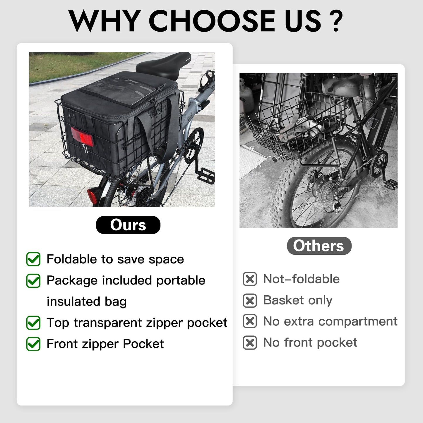 RAYMACE Bike Basket Rear,Bicycle Basket with Removable Liner,Rainproof Cover and Cargo Net,Folding Bike Baskets for Adult,Quick Release Design Fits for Most Rear Mounted Bike Rack