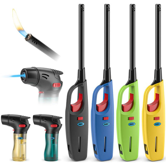 MK Lighter 6-Pack Multi-Purpose Butane Lighters – 4 Large Long Lighters Soft Flame Utility + 2 Mini Torch, Assorted Colors for Candles, Camping & Outdoor Use (Random Color Combo)