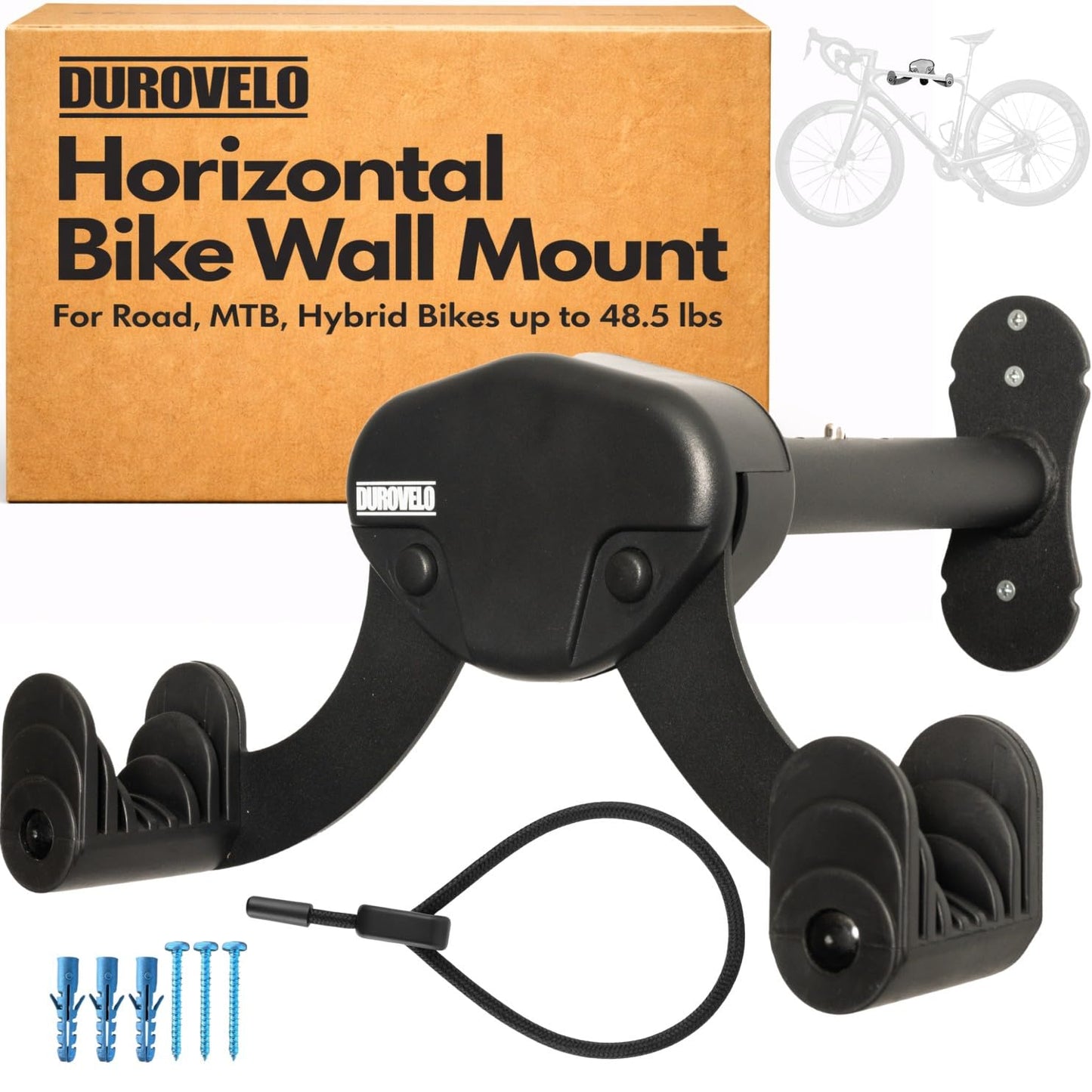 DUROVELO Bike Wall Mount - Horizontal Wall Hanger, Adjustable Design for Road, Mountain and Hybrid Bikes up to 48.5 lbs - Space-Saving Bike Rack for Garage or Apartment - Sturdy Indoor Bicycle Storage