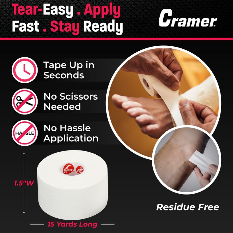 Cramer 950 Premium White Porous Athletic Tape, 1.5” x 15 Yards, Strong Adhesive Sports Tape, Easy Tear, Breathable Cotton, Latex-Free, Bulk Case of 32 Rolls for Ankle, Wrist & Injury Taping