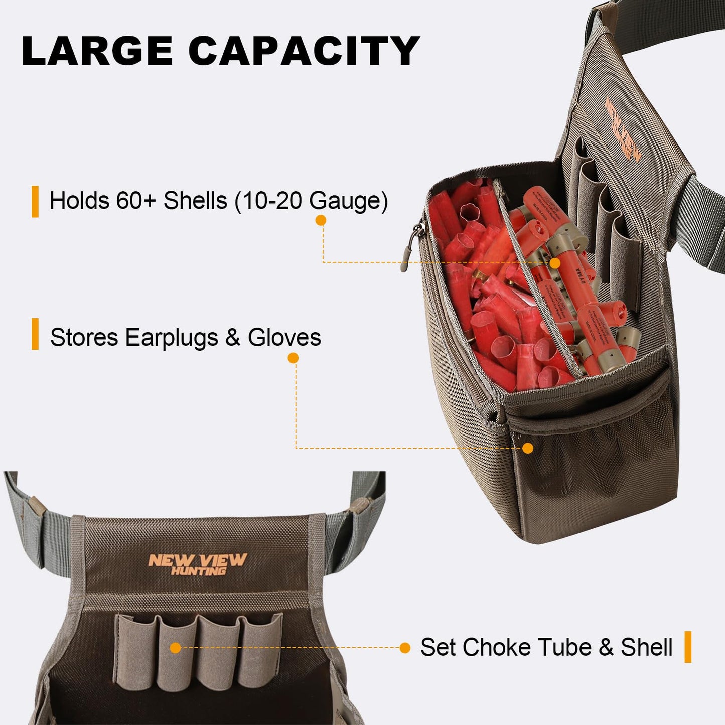NEW VIEW Shell Bag - Holds 2 Boxes of Shells - Features Spacious Dual Compartments & Comfortable Waist Belt - Sturdy Lightweight Shotgun Shell Pouch Organizer for Your Shells