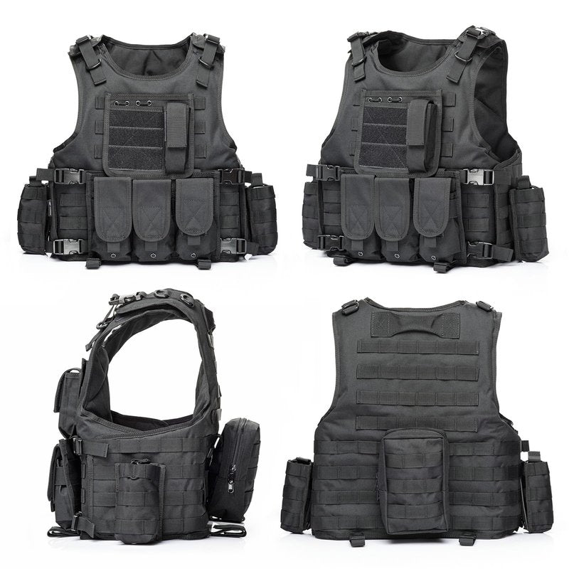 VPZenar Tactical Airsoft Vest, Black Lightweight Sports Training Plate Vest with Detachable Pouches and Cap,Gloves,Balaclava for Men, Tactical Airsoft Gear