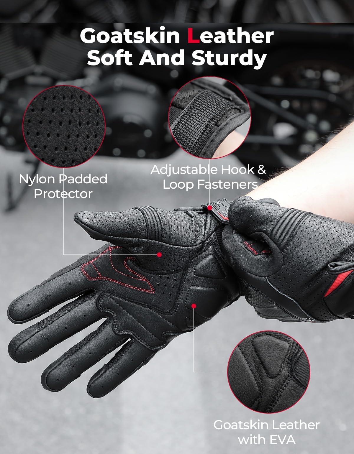 KEMIMOTO Sheepskin Leather Motorcycle Gloves for Men, Protective Motorcycle Gloves for Motocross Motorbike Dirt Bike Bicycle Racing ATV UTV