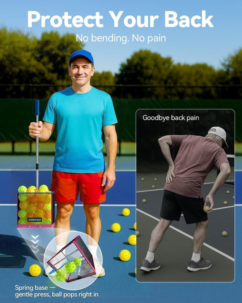 CODIAO Pickleball Picker Upper 40+ Ball Capacity Hopper Holder, Foldable Basket with Telescopic Stainless Steel Handle, Quick Pickup No Bending Ball Retriever Collector, Portable for Court Training