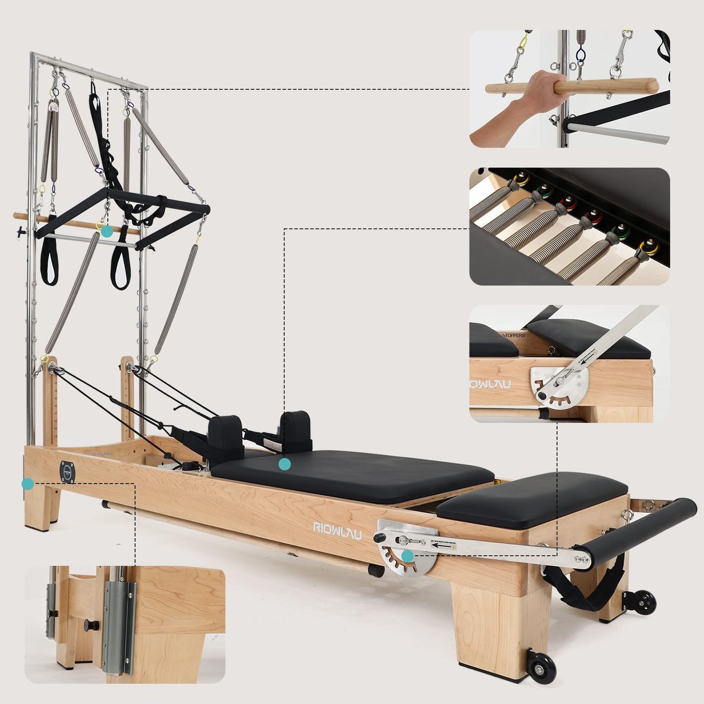 Pilates Reformer, Pilates Reformer Machine, Pilates Equipment for Home and Studio, Black Ultrafine Leather, Adjustable Resistance System (Reformer with Tower)