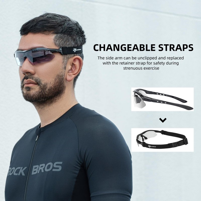 ROCKBROS Pickleball Photochromic Glasses Cycling Glasses with Removable Elasctic & Temple Band Sunglasses Fit for Men Women