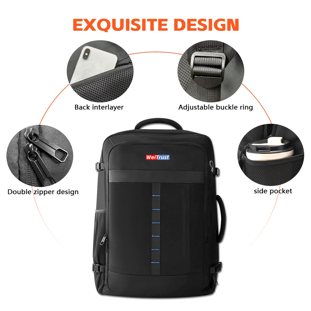 WeiTrust Travel Laptop Backpack, 50-60L Large Expandable Suitcase-Style Backpack for Business & Daily Travel, Carry-On Friendly with Side Water Bottle Pockets, Fits 18-Inch Laptops