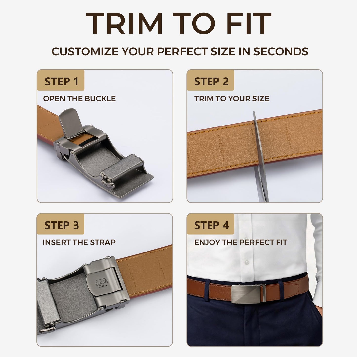 Zitahli Ratchet Belt for Men - 2 Packs Leather Mens belt For Gift Men Dress and Casual,Trim to Fit Size 34"-40"