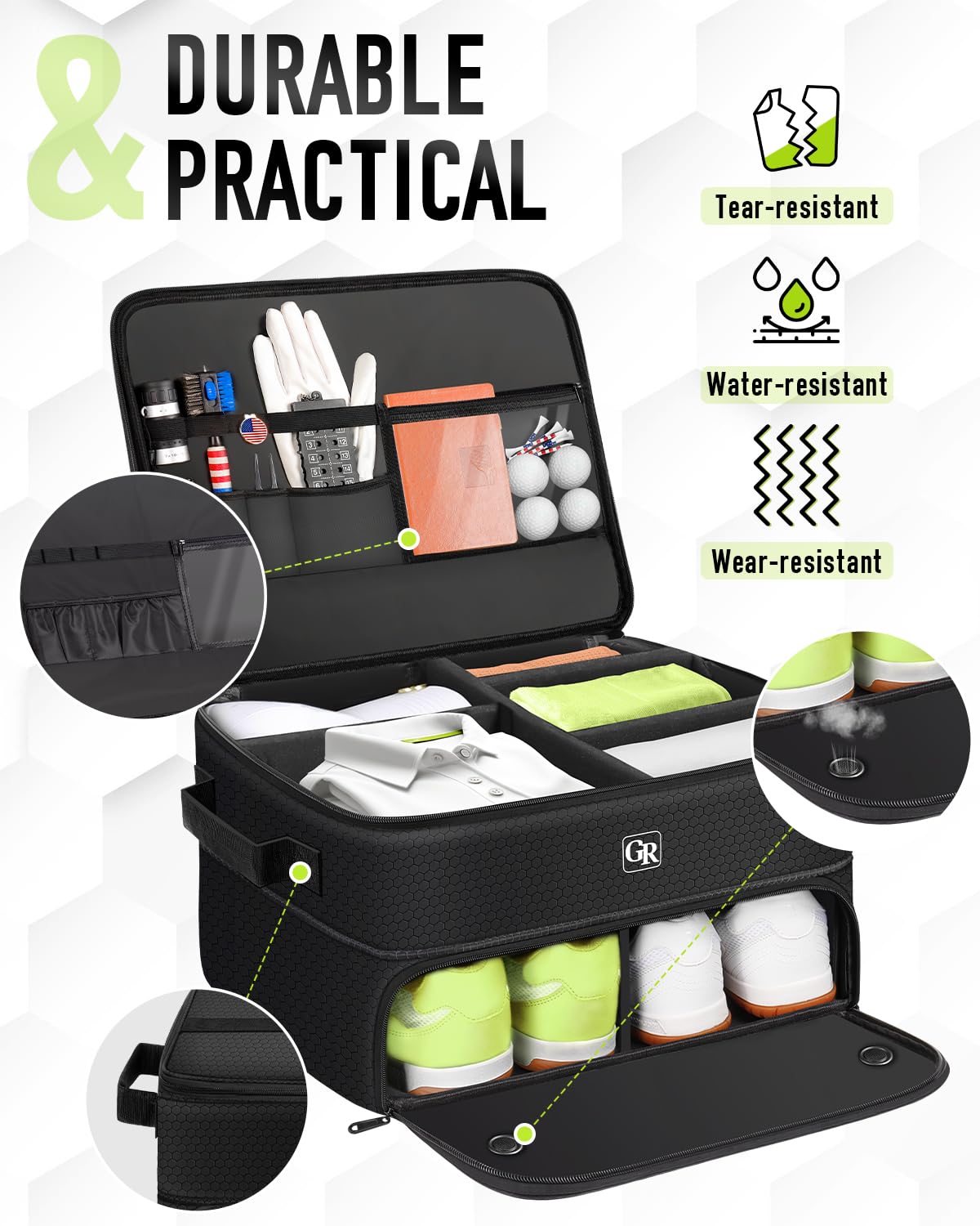 Odor-Absorbing 2-Layer Large Golf Trunk Organizer with Activated Carbon Fabric - Water-Resistant Golf Shoe Bag for Shoes Balls Tees Clothes Gloves Golf Accessories, Fathers Day Dad Gifts for Men