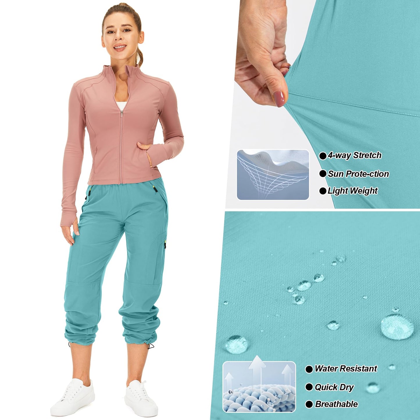 Toomett Women's Hiking Pants Quick Dry UPF 50 Travel Golf Pants Lightweight Camping Work Cargo Pants Zipper Pockets,6608,Lake Green,L