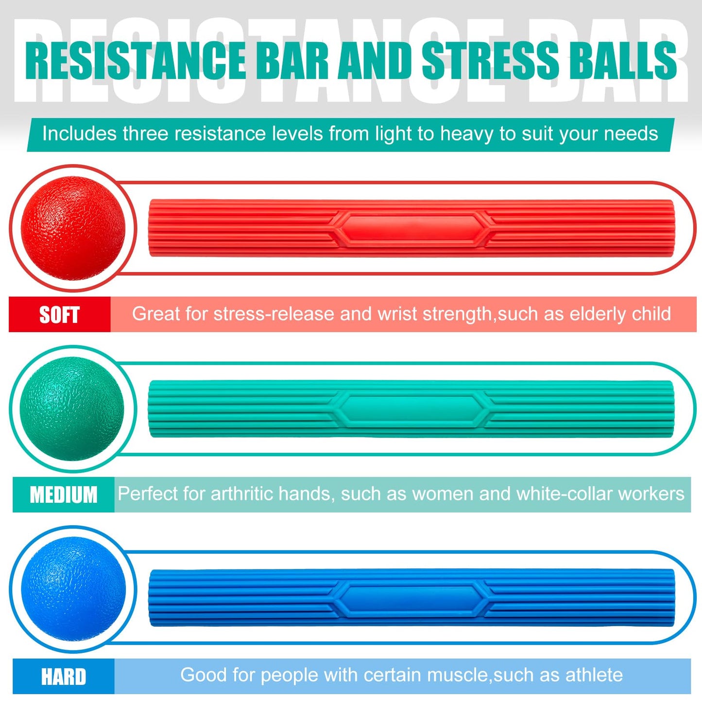 Silipull 3 Pcs Twist Hand Exerciser Bars With 3 Hand Exercise Balls Fitness Resistance Bars for Physical Therapy Flexible Elbow Stress Balls Relieve Tendonitis Pain and Improve Grip Strength