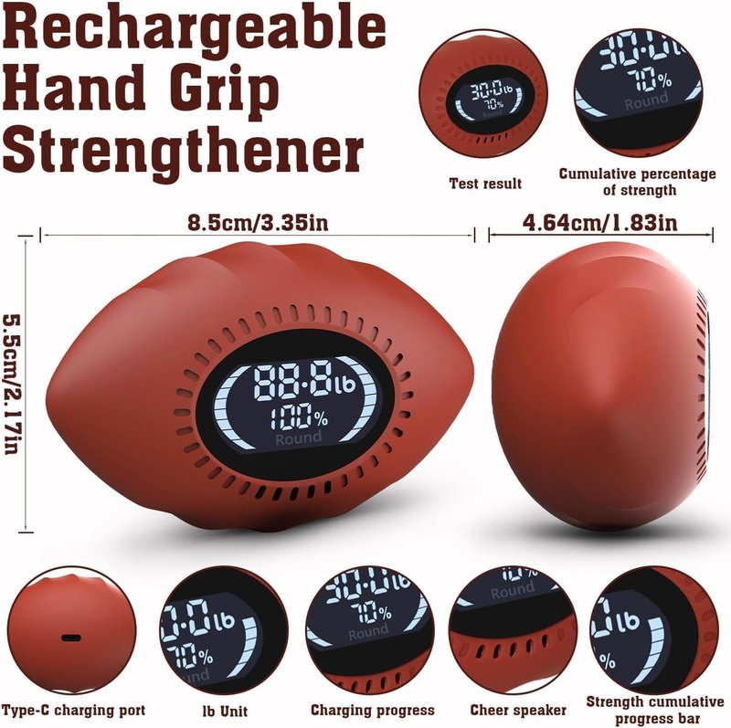 DIOTUSS Digital Stress Relief Grip Ball for Adults & Kids, Grip Strength Tester, Hand Strength Gripper up to 220lbs, Forearm Strengthener with Progress Bars & Cheer Sound, Fitness Gift (Brown)