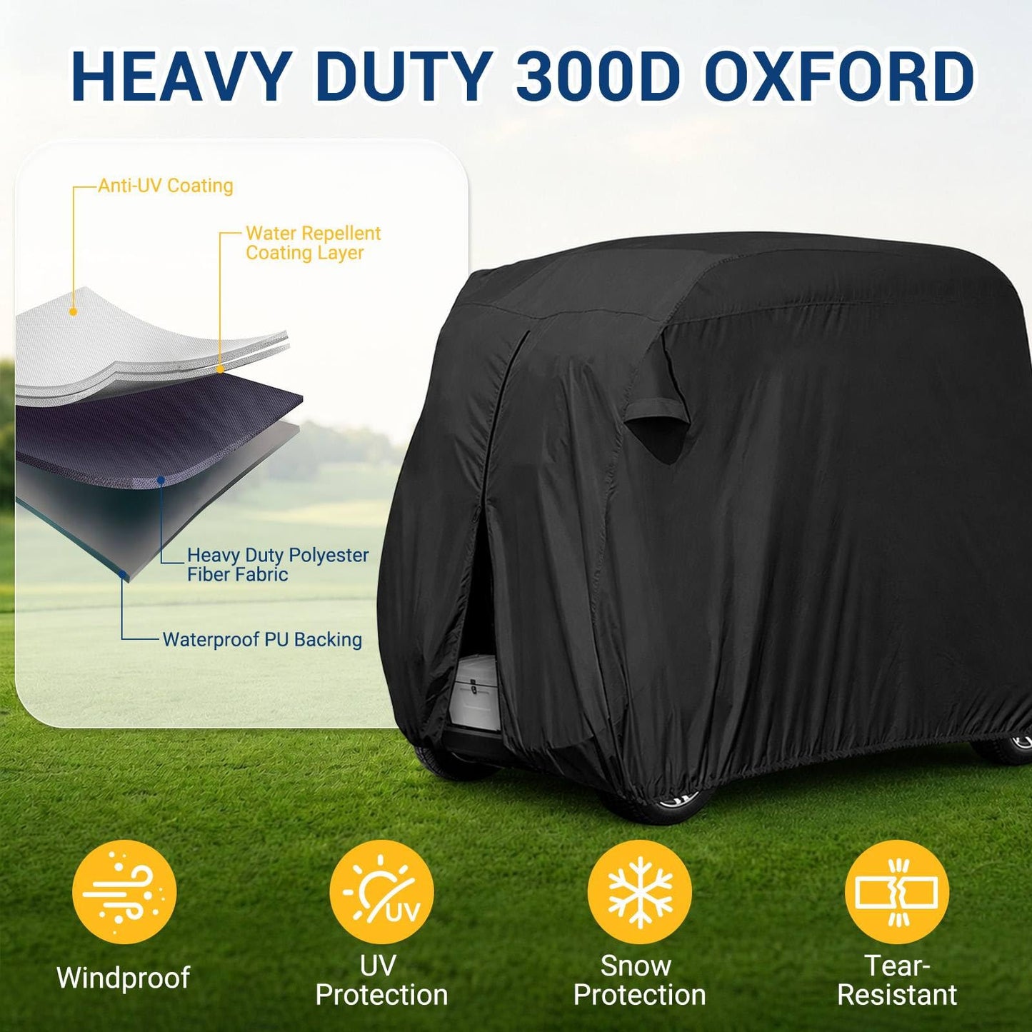 【2022 Upgraded】 2 Passenger Outdoor Golf Cart Cover Compatible with EZ GO, Club Car, Yamaha, Movaland Custom Cart Cover with 300D Material + Extra PVC Coating Waterproof Dust Prevention (Grey)
