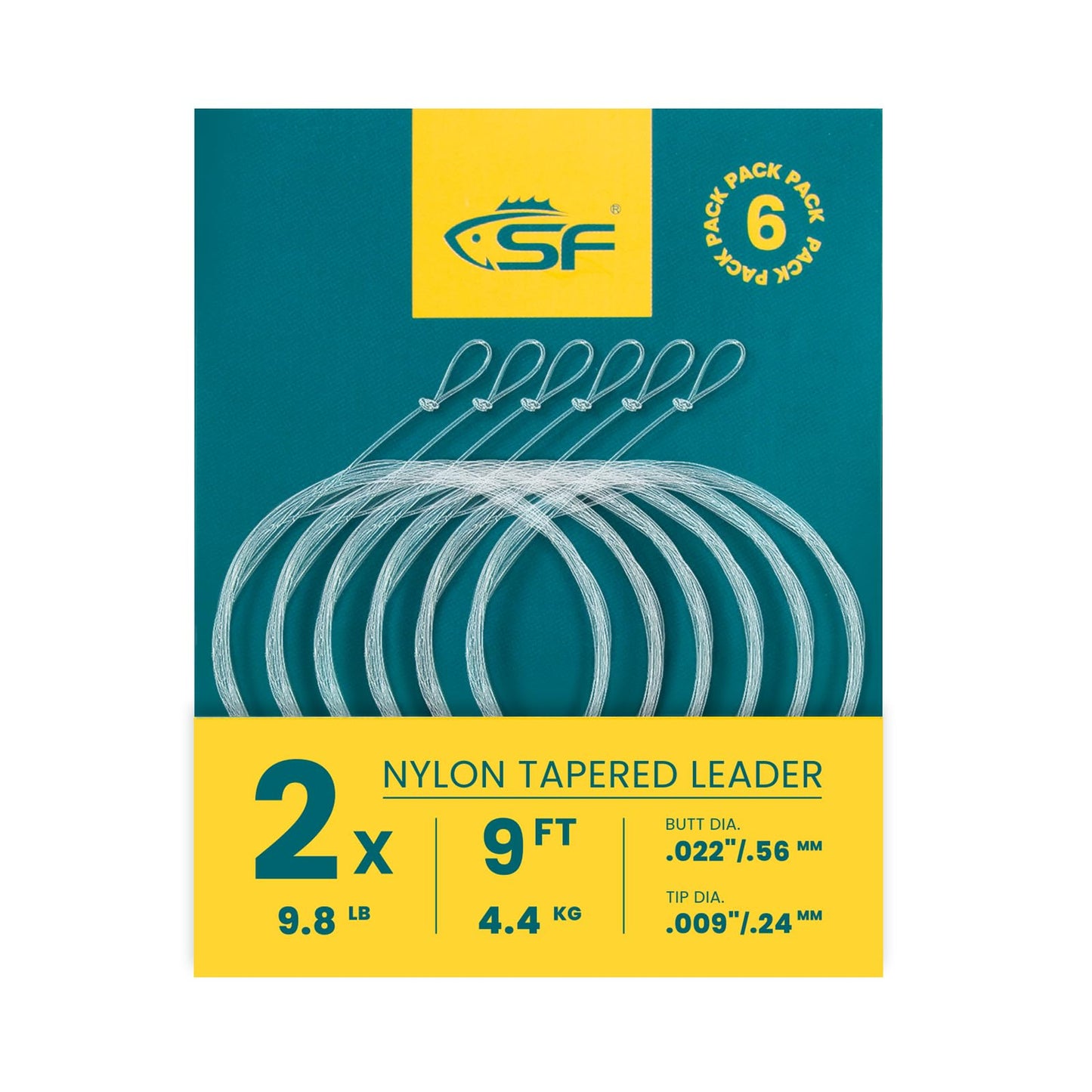 SF 6Pcs Pre-Tied Loop Fly Fishing Tapered Leader Nylon Fly Trout Leader 9FT-2X