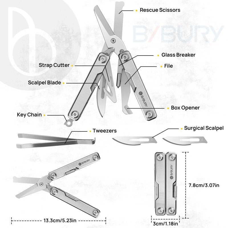 BIBURY Mini Multitool BI2052A, 8 in 1 Keychain EDC Scissors w/Window Breaker, Seat Belt Cutter, Bottle Opener for Outdoor Survival, Multi Tool Cool Gadget TSA Approved, Gift for Men Women