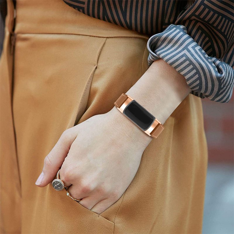 Mtozon Leather Bands Compatible with Fitbit Charge 6/Charge 5, Replacement Genuine Leather Straps for Women Men, Frosted Brown