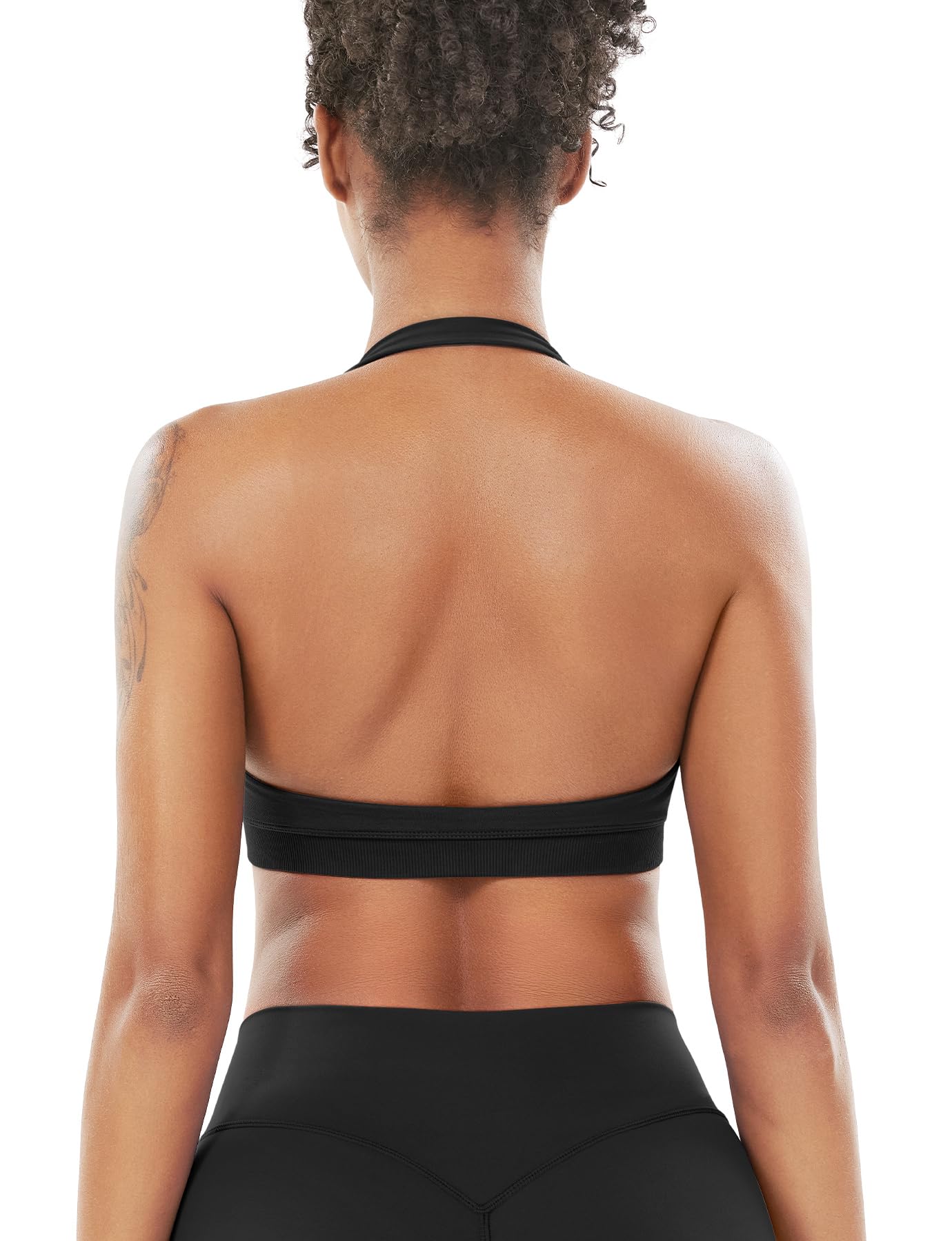 VOYJOY Women Workout Impact Bras Medium Low Support Halter Sports Bras Seamless Open Back Gym Padded Yoga Crop Top Black L