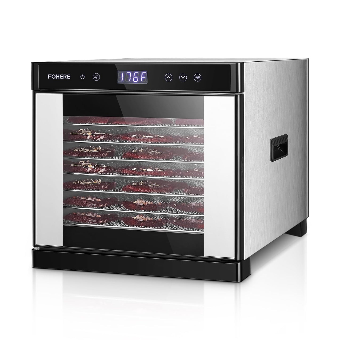 FOHERE 800W Food Dehydrator Machine with 8 Stainless Steel Trays, 8.01ft² Drying Space, 176°F Temperature Control & 48H Timer for Jerky, Meat, Fruit, Herbs, Yogurt, Dog Treats – Recipe Book