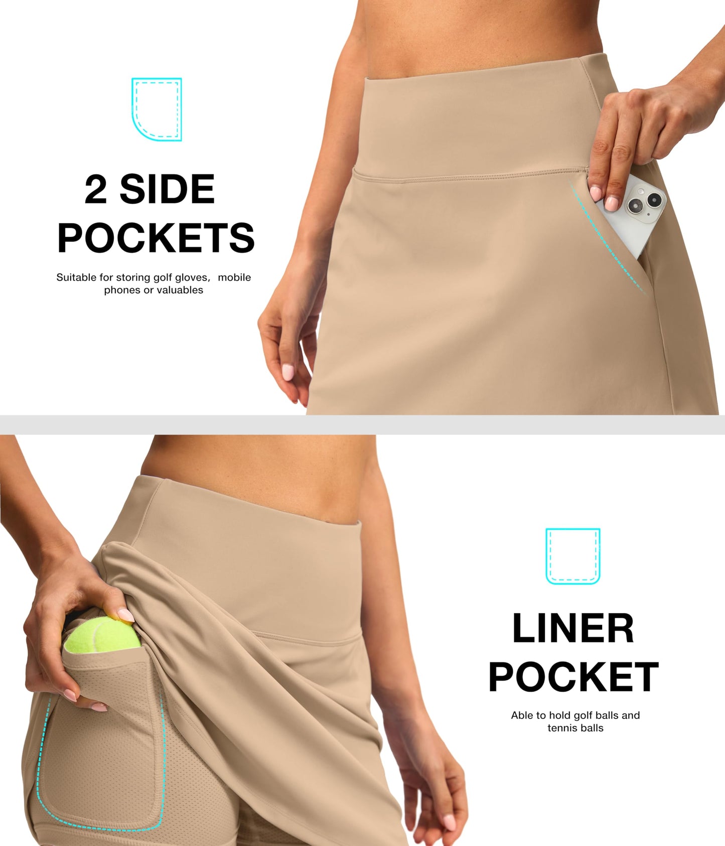 SANTINY 16" Skorts for Women with 4 Pockets High Waisted Stretchy Pickleball Casual Tennis Skirt Athletic Golf Skort(Light Khaki_S)