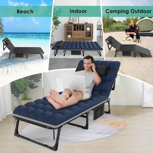 Suteck Folding Camping Cot, Adjustable 5+2 Positions Reclining Portable Outdoor Cot Heavy Duty Sleeping Bed Cots w/Pillow Mat Carry Bag, Chaise Lounge Chair for Home Office Nap Beach Pool Patio Travel