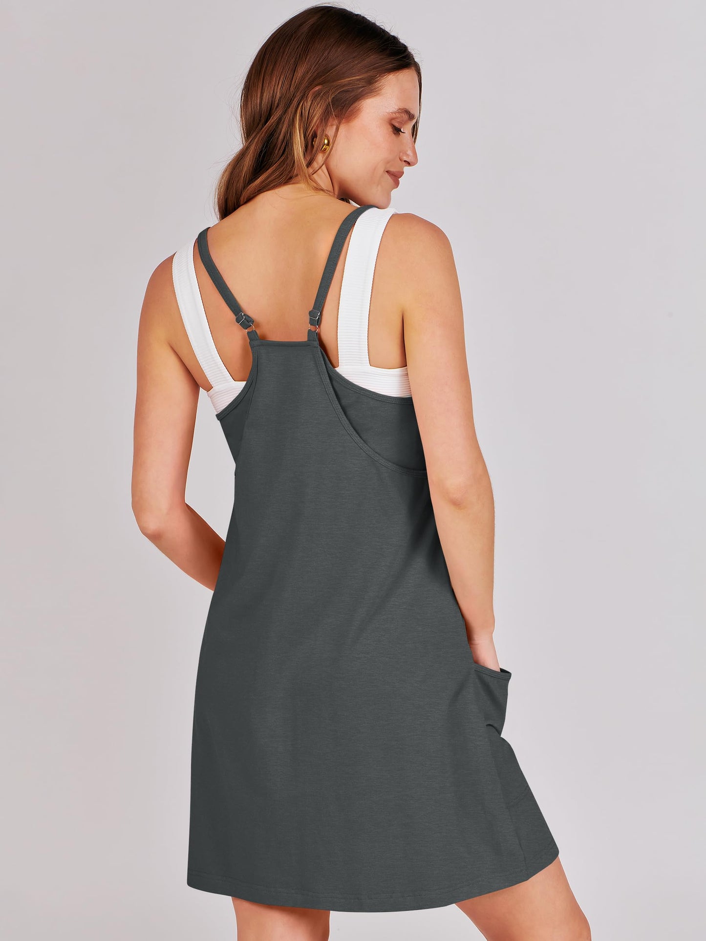 ANRABESS Women Athletic Dress Summer Tennis Workout Active Sports Mini Romper Dress Built in Shorts Travel Vacation Clothes Deep Gray Small