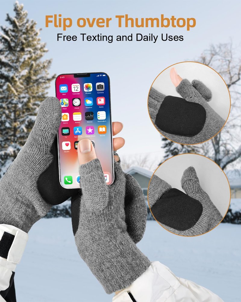 BERGWEISER Flip Winter Gloves, Convertible Fingerless Gloves for Men Women, Mittens with Flip Thumbtop & Magnetic Button Closure Gifts Grey M/L