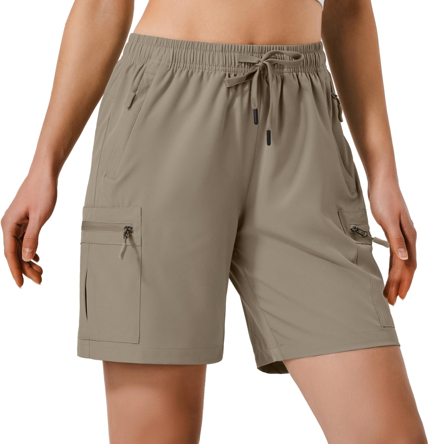 Hugut Women's Lightweight Hiking Cargo Shorts Quick Dry Athletic Shorts Camping Travel Golf Zipper Pockets Water Resistant Dark Khaki