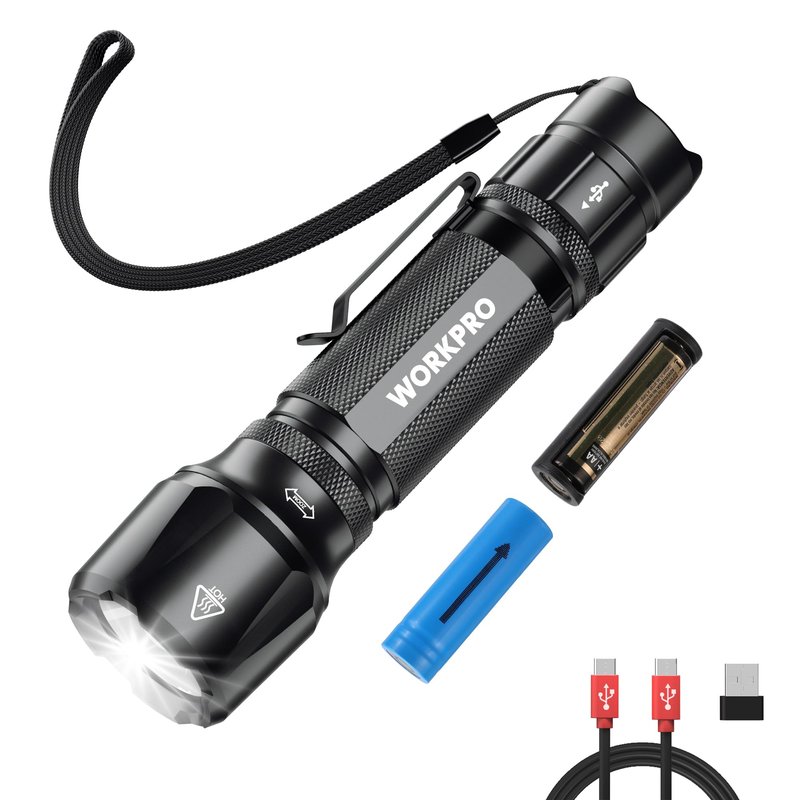 WORKPRO 1200LM Rechargeable Tactical Flashlight, EDC Mini Flashlight, Pocket Flashlight with Clip & Lanyard, 7 Light Modes, Zoomable Adjustable Focus, Includes Lithium Battery & Alkaline Battery