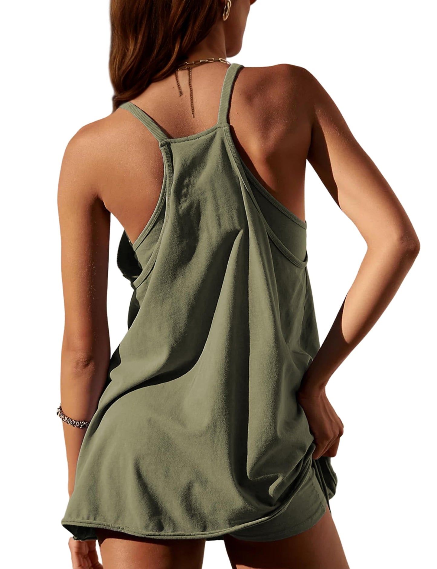 Faleave Women's Summer Sleeveless Mini Dress Athletic Dress Spaghetti Strap Short Tennis Dress with Pockets(ArmyGreen-XS)
