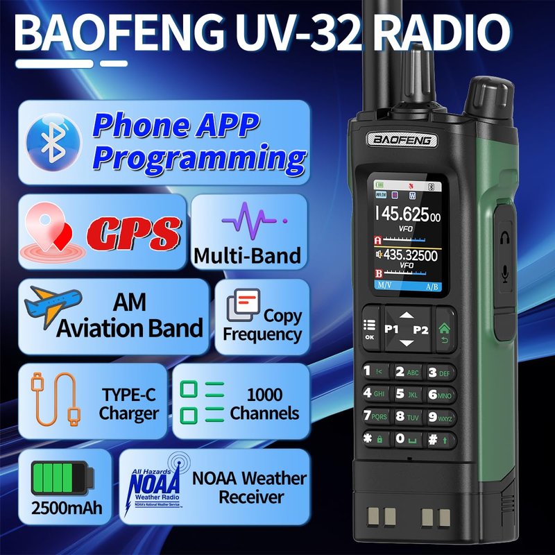 BAOFENG UV-32 Handheld Ham Radios Long Range 10W NOAA Weather Rechargeable Walkie Talkies Tactical Two Way Radio with GPS,APP Programming,Copy Frequency,USB-C Charging for Survival Gear Cruise,2Pack