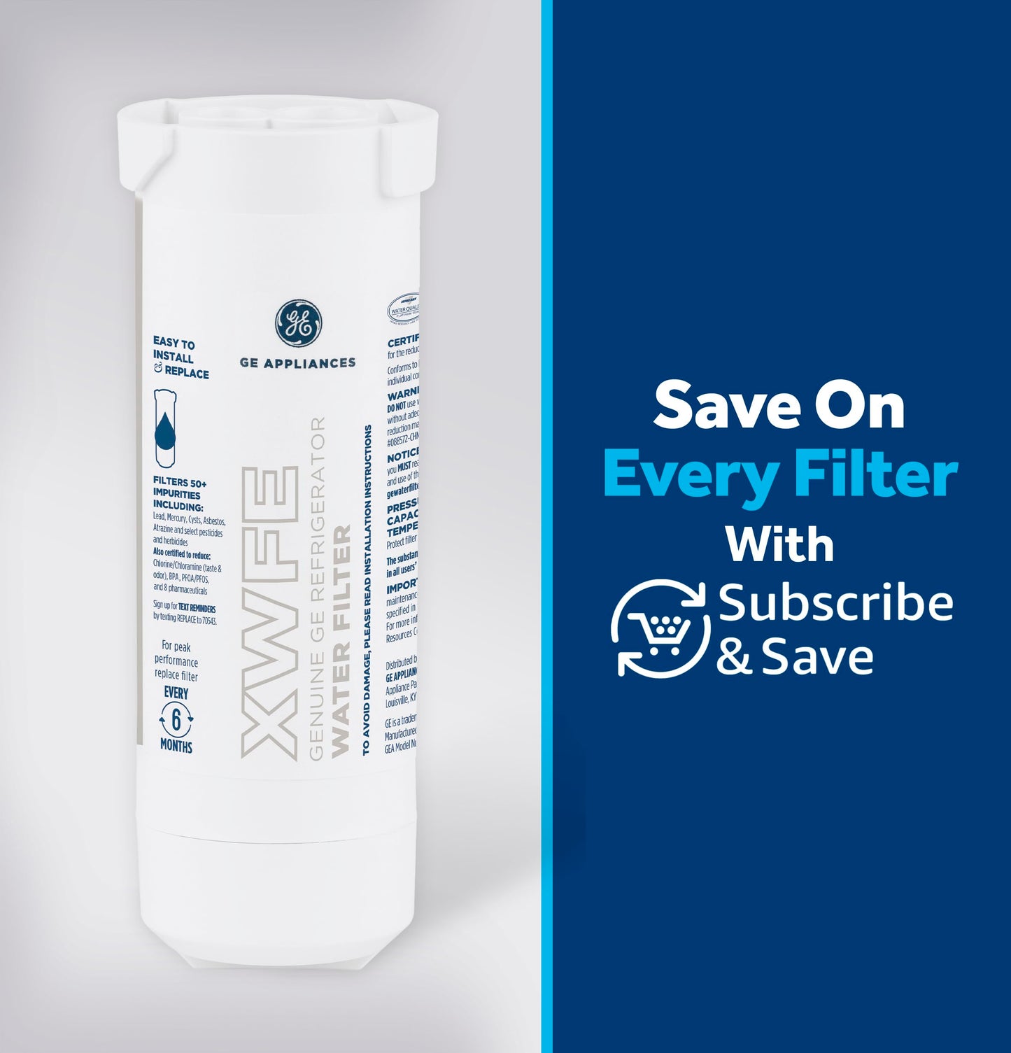 GE XWFE Refrigerator Water Filter, Genuine Replacement Filter, Certified to Reduce Lead, Sulfur, and 50+ Other Impurities, Replace Every 6 Months for Best Results, Pack of 1