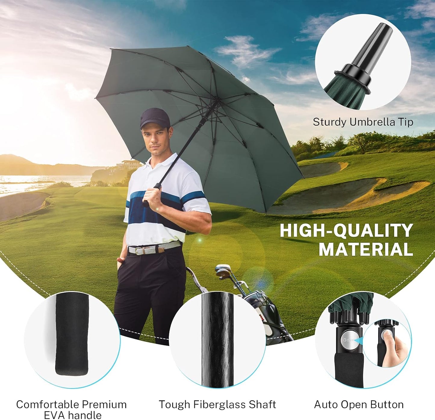Extra Large Golf Umbrella - Automatic Open, Windproof Double Canopy | 54-80 Inch, UV Protection, Multiple Colors