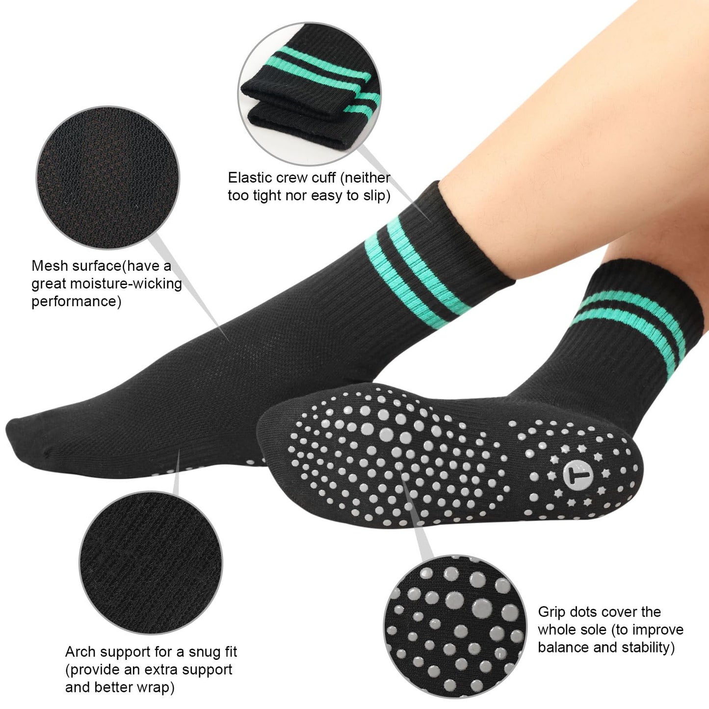 Toes Home Pilates Socks for Women with Grippers, Non Slip Yoga Crew Socks for Barre Hospital Exercise Workout Sticky Athletic Slipper Socks 4 Pairs Black