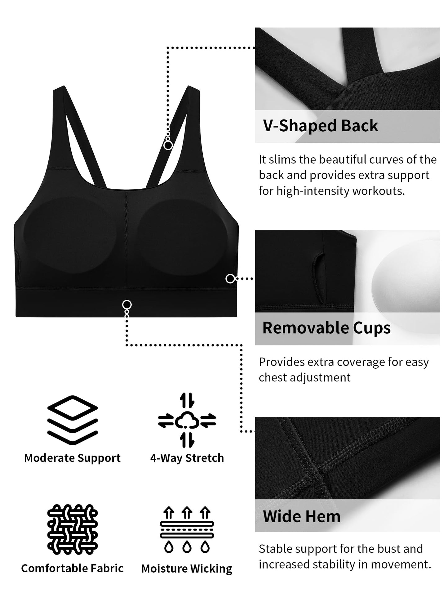 Meides Sports Bra for Women-Wirefree Padded V Back Workout Yoga Gym Running Bras Tank Tops Medium Support Black