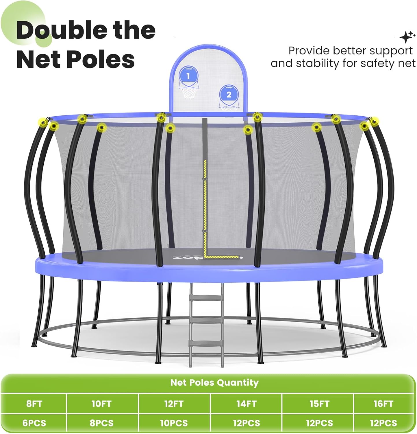 Zupapa 16FT Trampoline with Safety Enclosure Net - 1800LBS Capacity, No-Gap Design, Non-Slip Ladder for Kids & Family Outdoor Fun