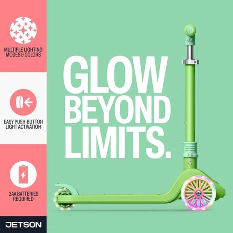 Jetson Bloom Go & Grow Kids 3-Wheel Light-Up Kick Scooter, Lights on Stem & Wheels, Adjustable Height Handlebar, Rear Brake, Easy-Folding Mechanism, Ages 3+, Green, JBLOOM-GRN
