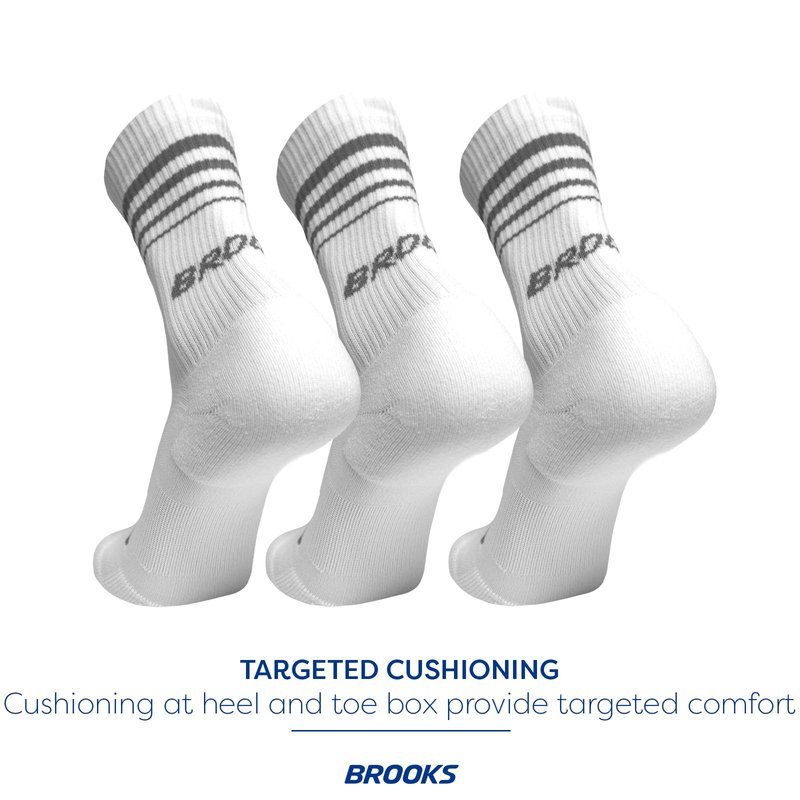 Brooks Run-In Crew 3 Pack Socks, Performance Athletic Running Crew Socks with Comfort Fit for Men & Women (3-Pack) - White - Medium