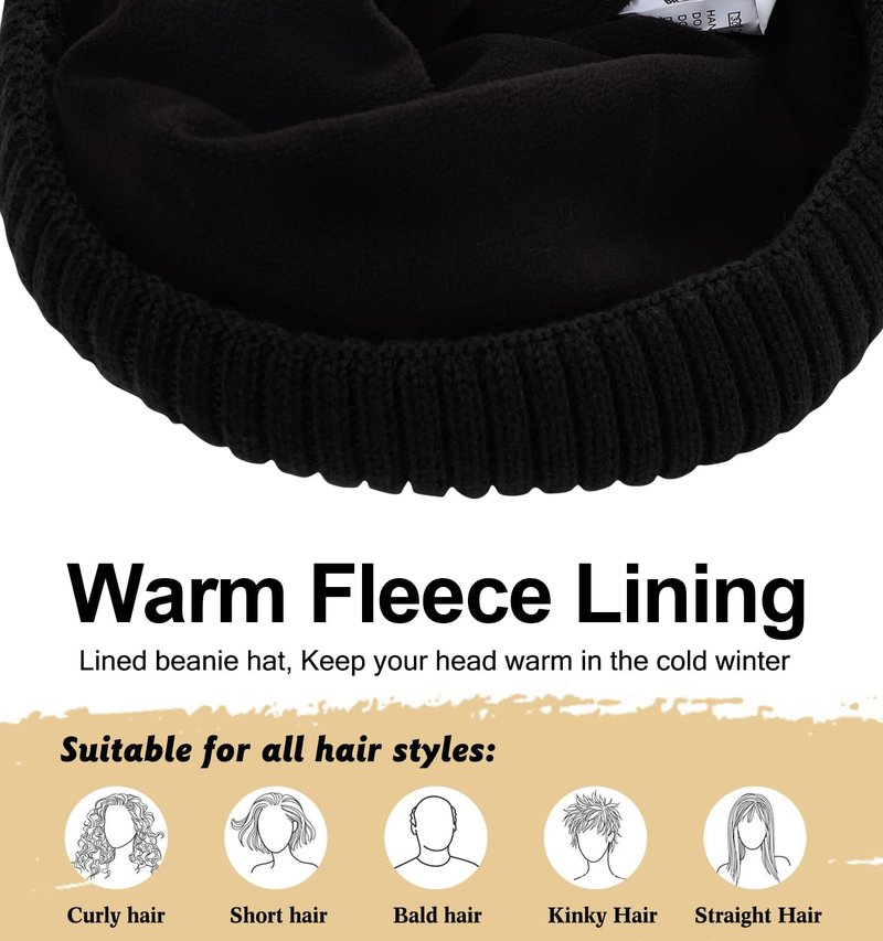 Oversize XL XXL Waterproof Merino Wool Beanie for Men Women Big Head, Warm Fleece Lined Large Winter Hat, Plus Size Big Knit Skull Stocking Cap, Rainproof Windproof Cuffed Beanie for All Weather Black