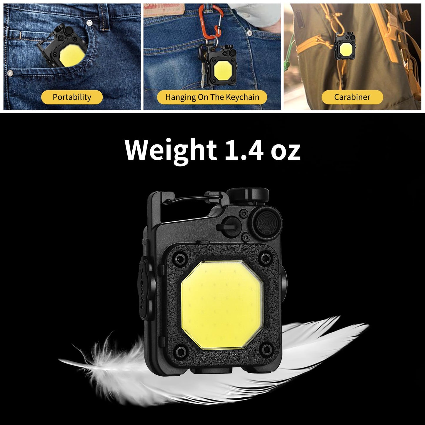 woekwo Cob Keychain Flashlight, 6 Light Modes 1500 Lumen, 2Pcs Mini Keychain Work Light, Small Flashlight Rechargeable with Bracket and Screwdriver, Emergency Light for Camping and Hiking