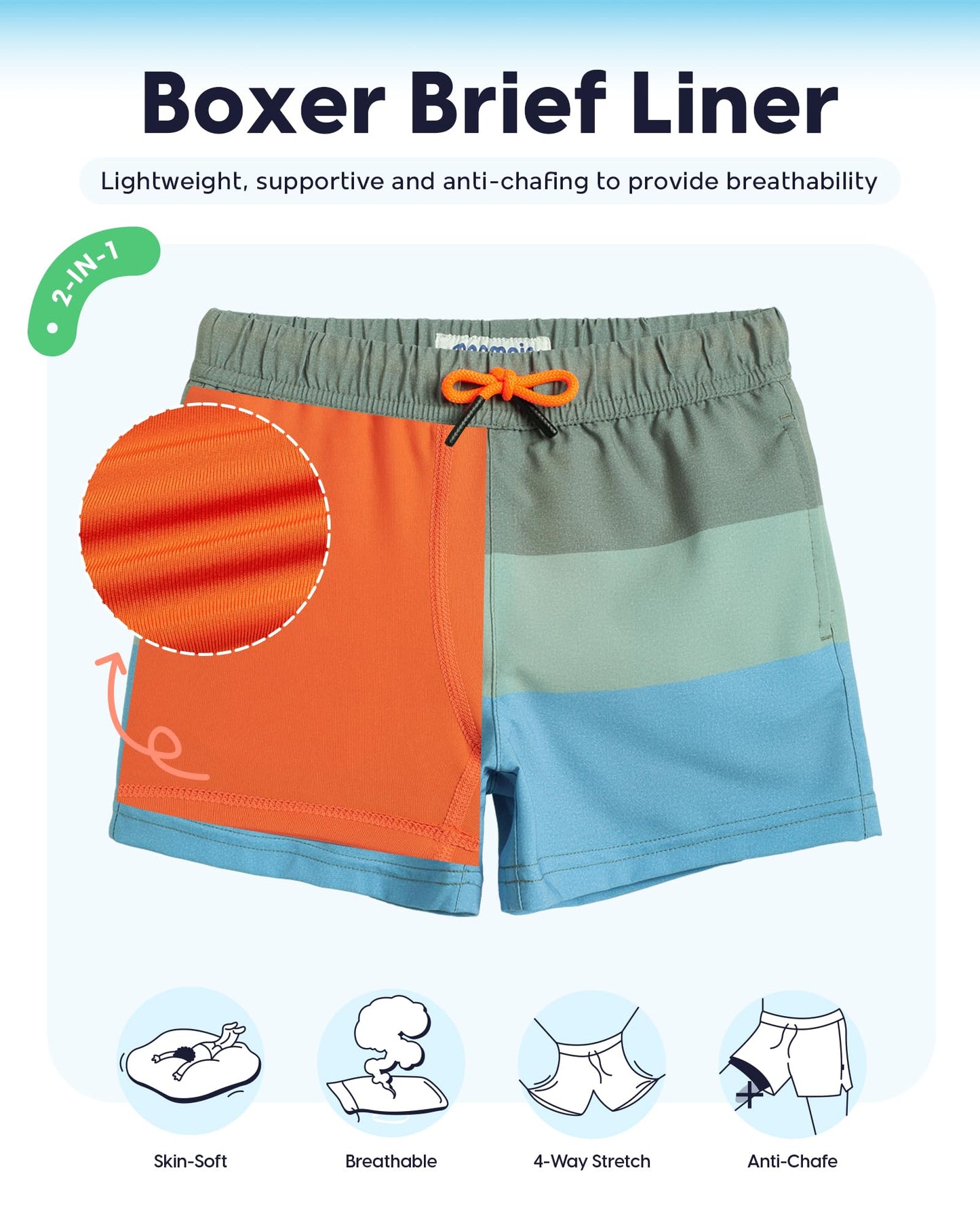 maamgic Boys Swim Trunks with Compression Liner Toddler Stretch Swim Shorts Quick Dry Swimming Trunks Boxer Brief 2 in 1 Beach Shorts Stripe Grayblue 7