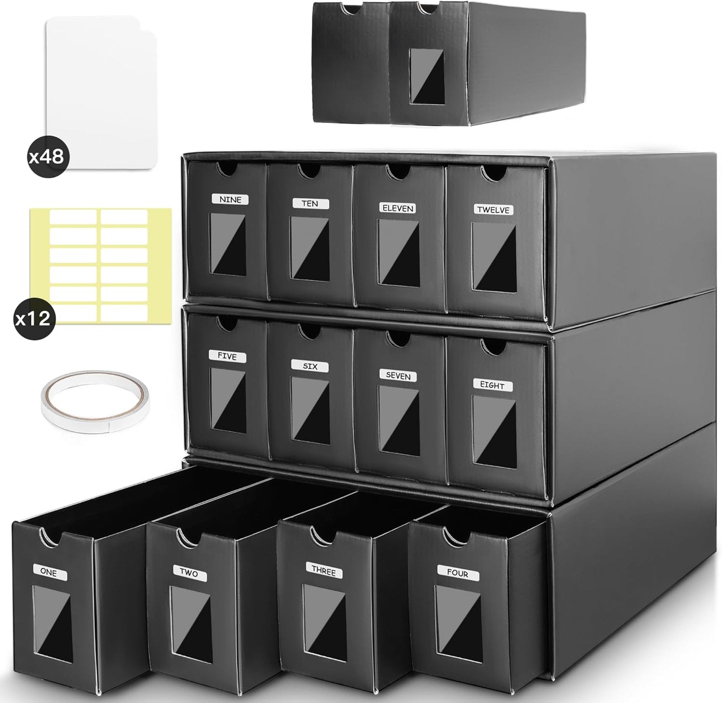 Trading Card Storage Box - Black Organizer with 48 Dividers & Scratch-Resistant Coating | Holds 12-600 CT Cards
