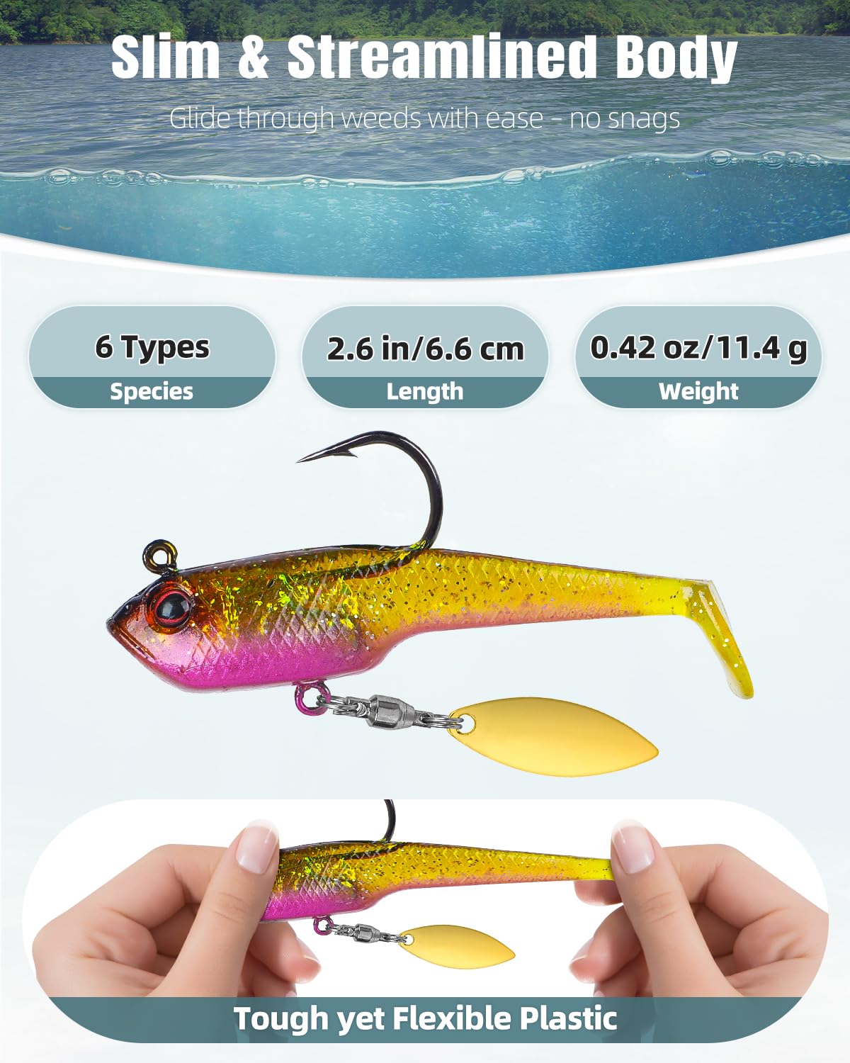 Pawfly 6 Pcs Fishing Lures, Soft Bass Lures, Fishing Bait Trout Lures with Jig Heads, Plastic Swimbaits for Freshwater & Saltwater, Paddle Tail Swim Baits for Bass Catfish Trout Crappie Walleye