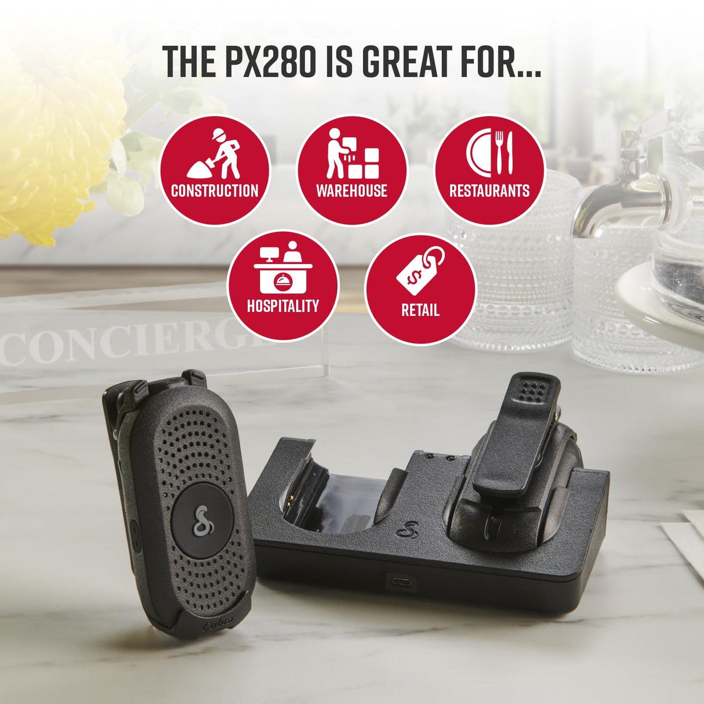 Cobra PX280 Compact Portable FRS Two-Way Radios - IP54 Certified Durability, Dock Charging, 12-Hour Battery Life, Compact Wearable Form Factor Professional Walkie Talkies for Business (2-Pack)