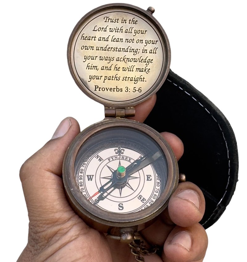 Proverbs 3: 5-6 Engraved Compass Gift for Men, Trust In The Lord Inscription Compasses Graduation Gift, Confirmation Gift, Baptism Religious Gift, Communion Survival Brass Compass With Leather Case