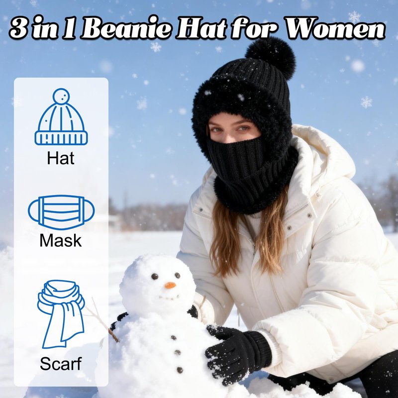 3 in 1 Beanie Hat for Women,Upgrade Cold Resistant Beanie Hat,Winter Warm Knitted Balaclava Scarf with Face Cover,Wind-Proof for Autumn and Winter(Black)