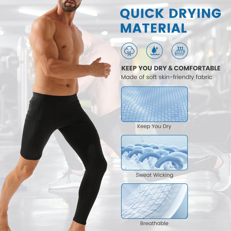 Blaward 2 Pack Men's Compression Pants Single Leg Tight Sports Long Pants with Pockets for Basketball Base Layer Leggings
